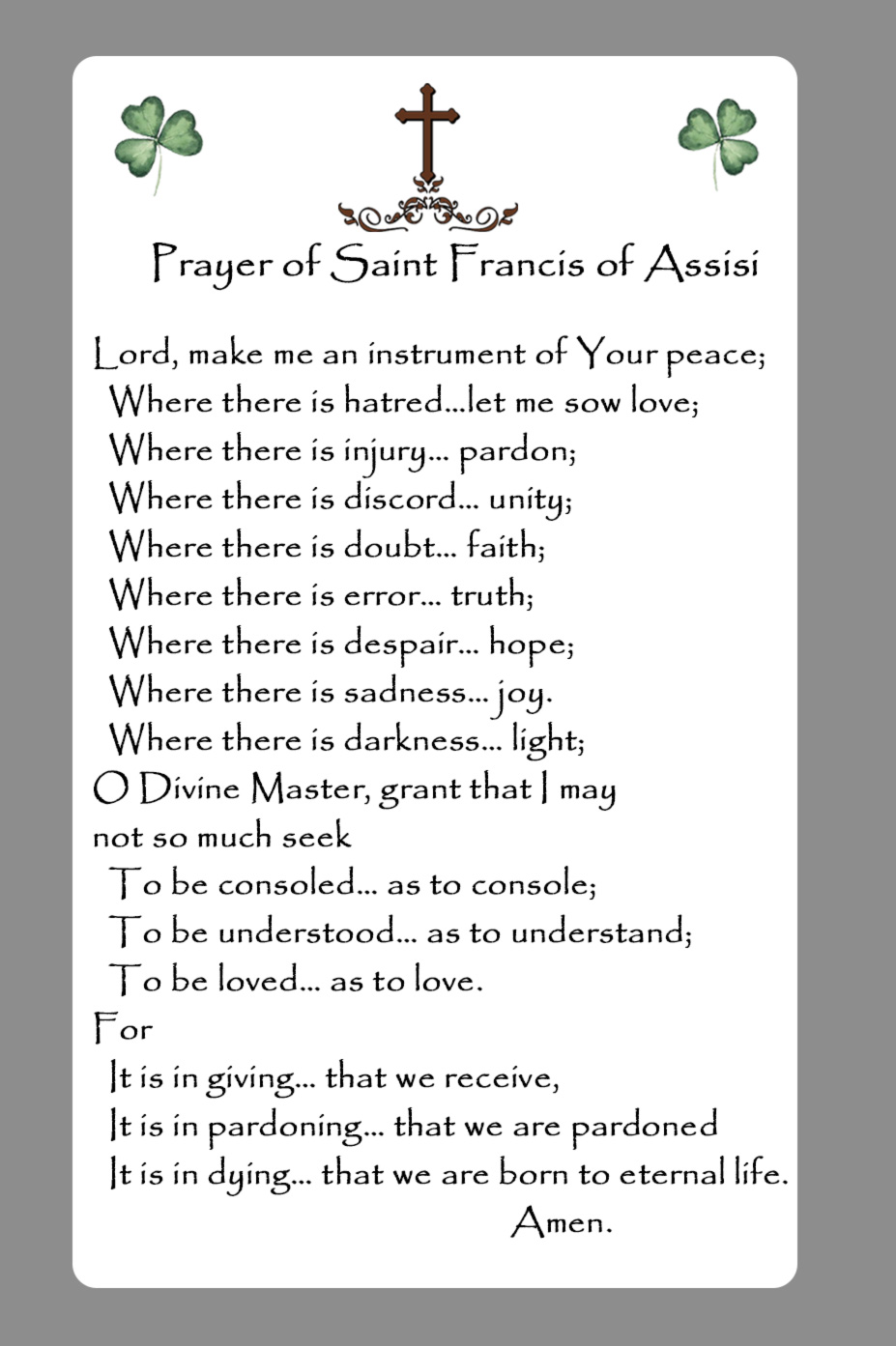 Prayer of St Francis Memorial Card