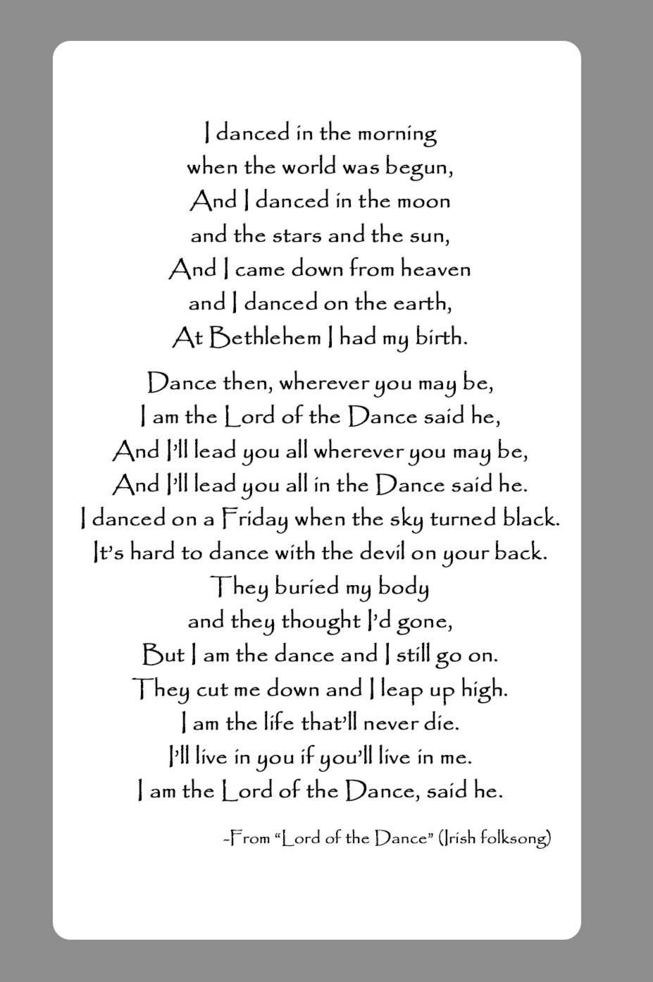 Lord of the Dance Prayer card verse