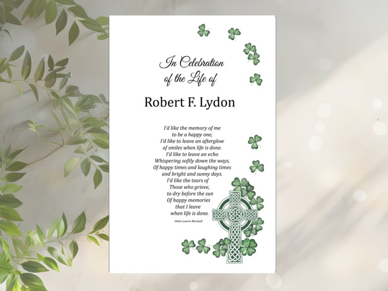 Celtic cross funeral Booklet cover with no photo, but green celtic cross in lower right corner and falling shamrocks accent images. Name of deceased and dates of birth and death at top and smaller verse Afterglow centered below