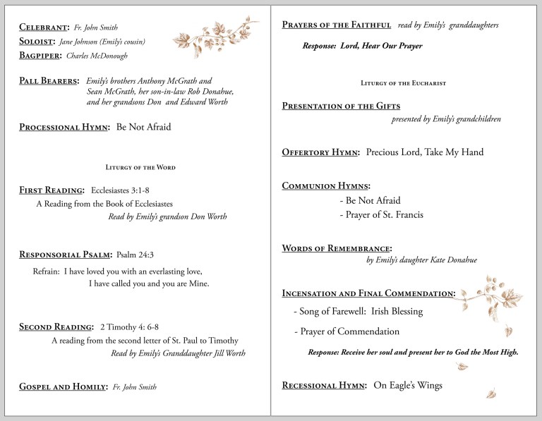 funeral program hops leaves inside