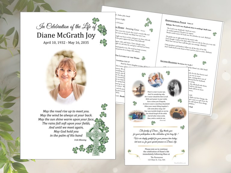 Celtic Cross Funeral booklet with photo of the deceased and accent image of Green Celtic cross and shamrocks in lower right corner. more shamrocks raining from top left. Irish Blessing below photo