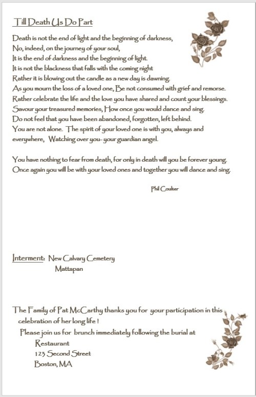 Sepia Roses Funeral Mass BOOKLETS Personalized Mass Booklets