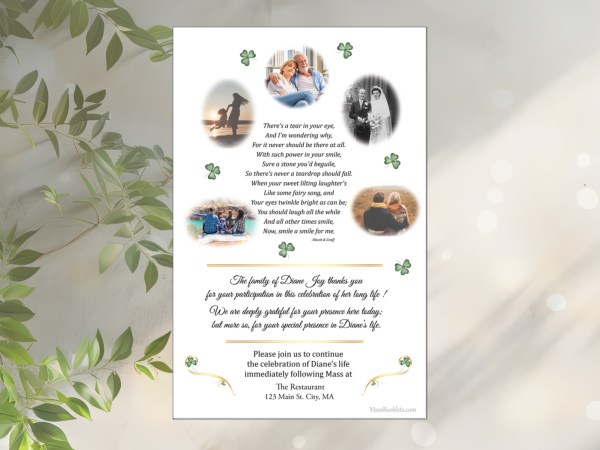 Back cover Celtic cross funeral Mass booklet. Shamrock accents falling on page with text to Irish eyes are smiling at top surrounded by five photos of the deceased with family. A thank you message for joining the family in celebrating her life, gold accent lines and swirls... and invitation to join the family at restaurant after Mass