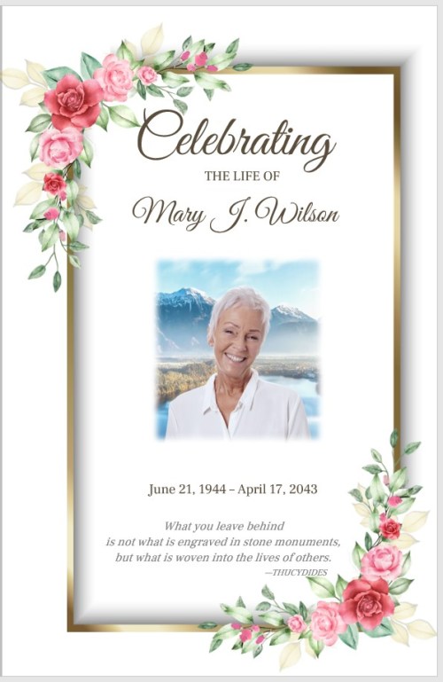 Pink Roses Gold Frame Photo Memorial Pamphlet - Personalized Mass Booklets
