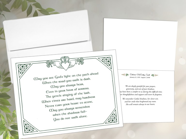 Claddagh funeral thank you notes celtic