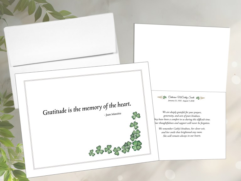 Shamrocks Funeral Thank you notes Gratitude is the memory of the heart