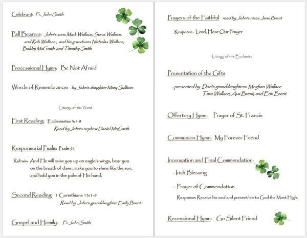 Shamrocks funeral Program inside