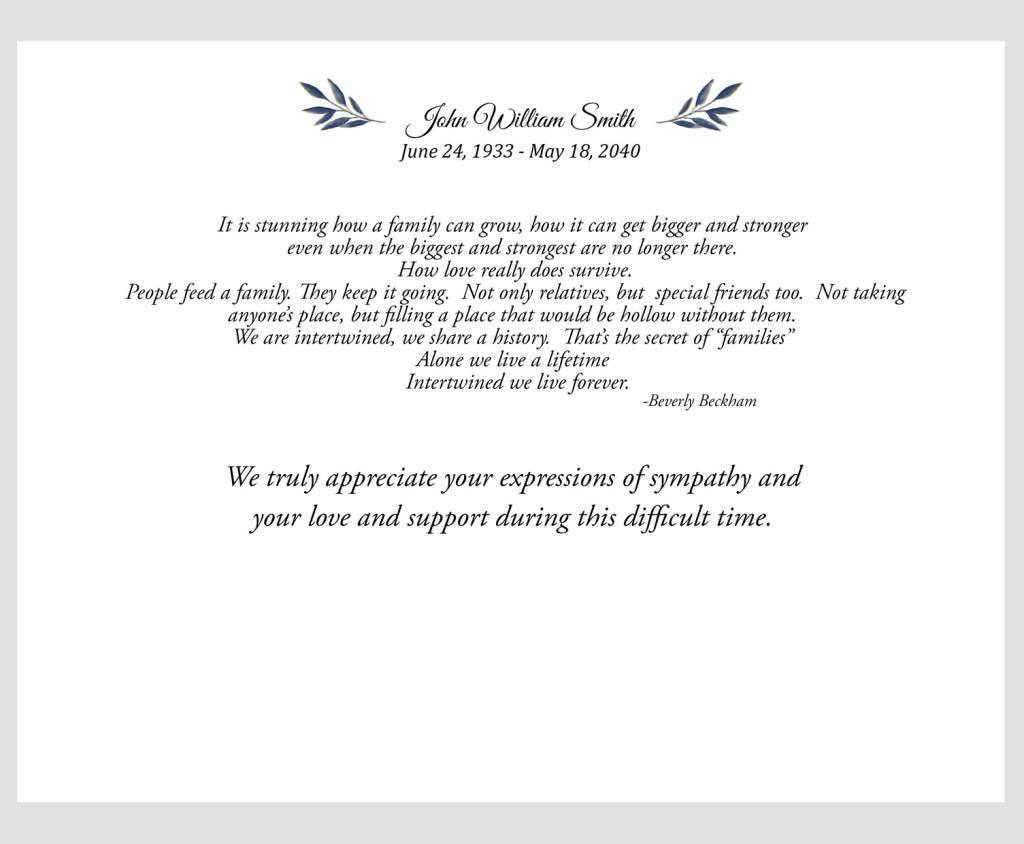 Funeral Thank you Message Examples inside card Mass Booklets