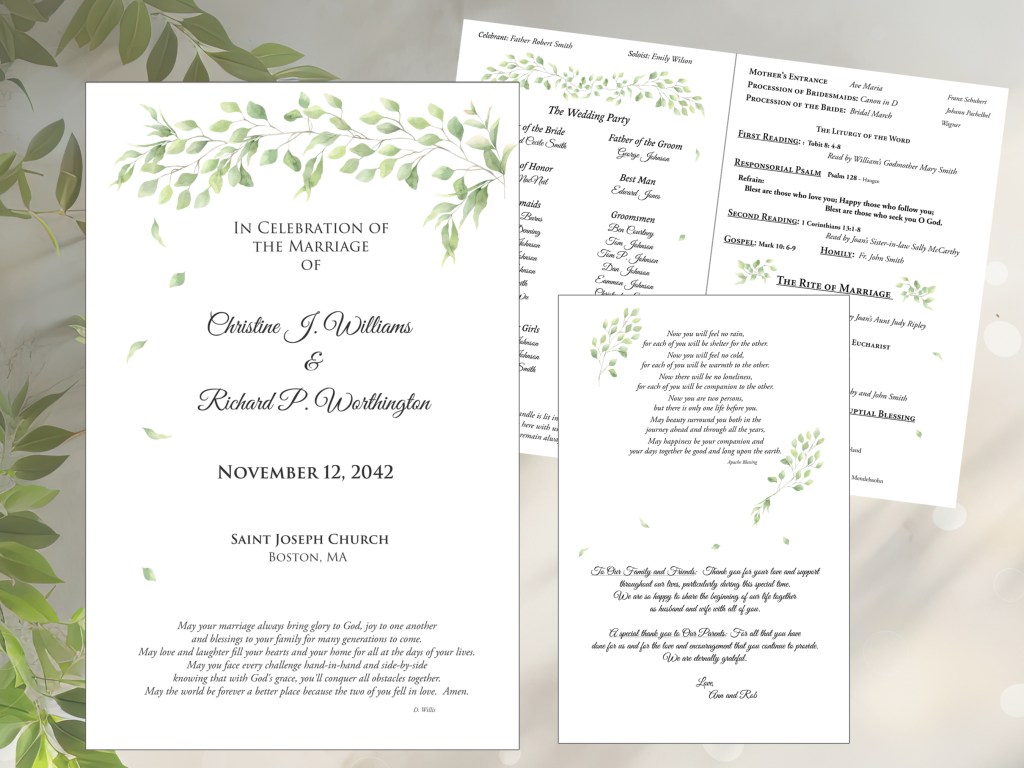 Mass Program Design Simple Custom Wedding Programs Soft Leaves- Mass Booklets