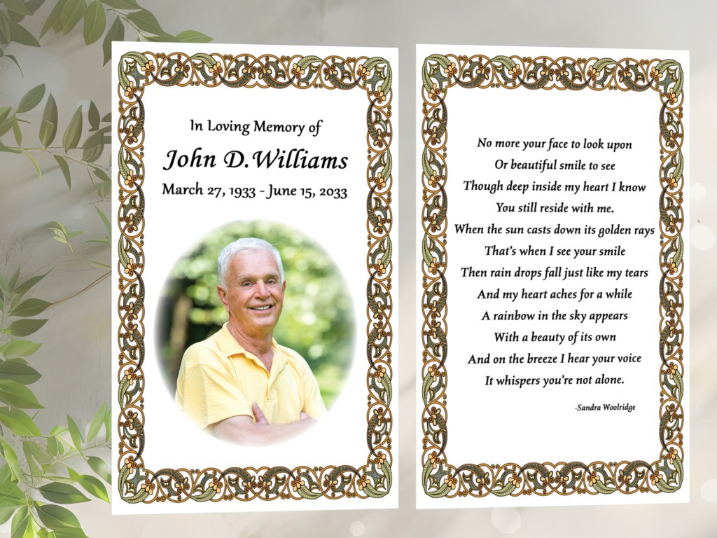 Intricate border prayer card with photo