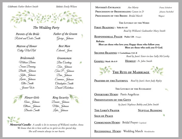 inside wedding program Mass soft leaves