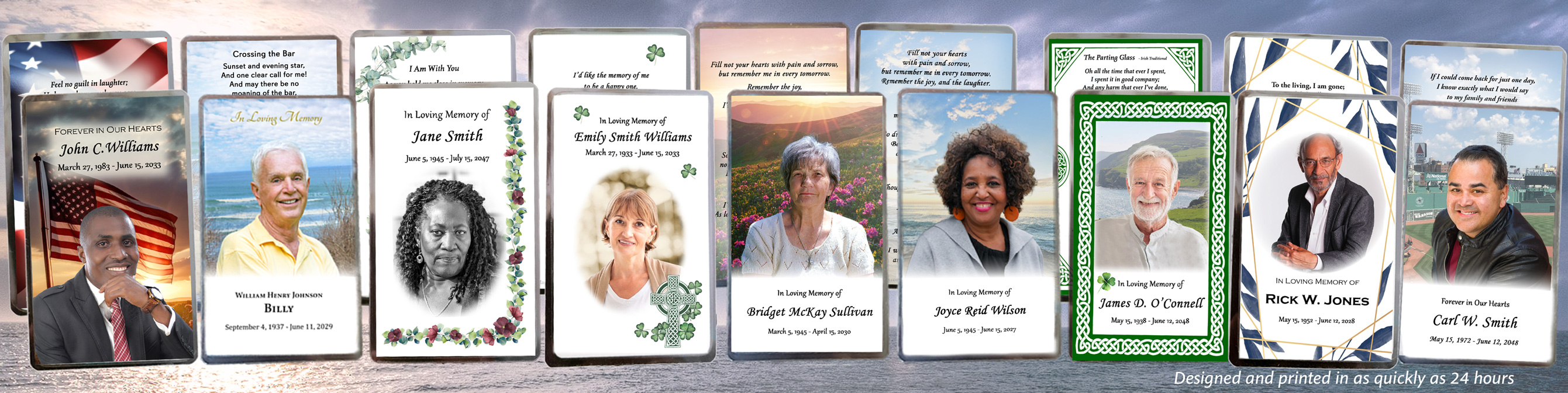 Memorial Card examples: Patriotic memorial card, Beach memorial card, eucalyptus memorial card, Celtic cross prayer card, flower field memorial card, beach sunset memorial card, Celtic Border Prayer Card, Blue Leaves Memorial Card and Baseball Park Memorial Card