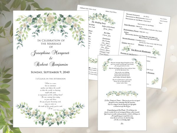White rose and greenery accent wedding program cover