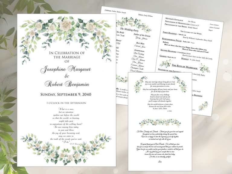 White rose and greenery accent wedding program cover