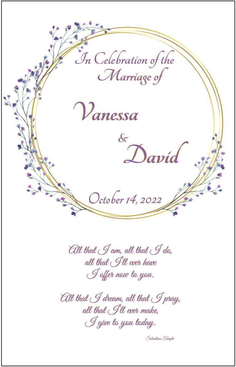 Wedding cover purple flowers around gold circular frame