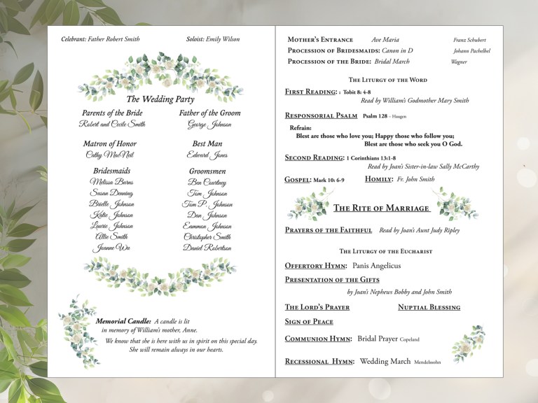 inside wedding booklet white rose accents