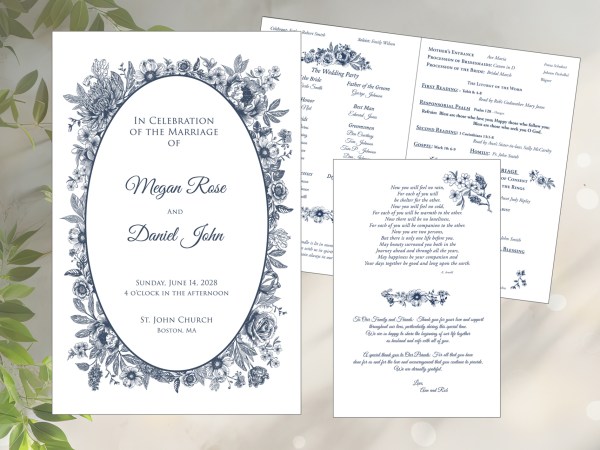 Wedding Mass PROGRAMS Floral Sketch Blue