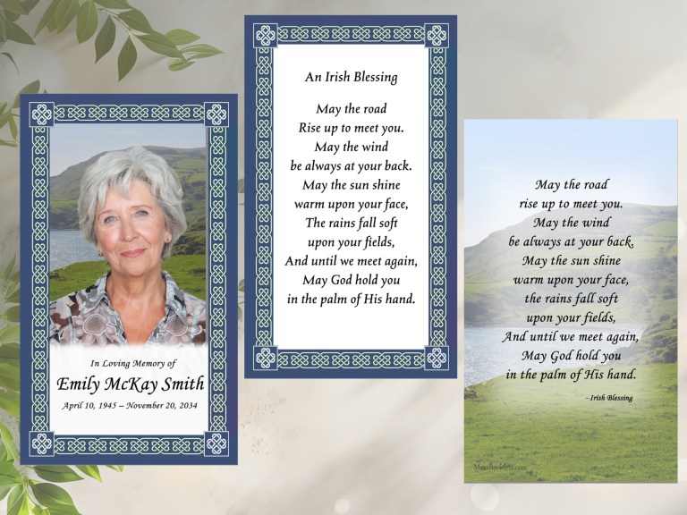 Blue Celtic heart border memorial card