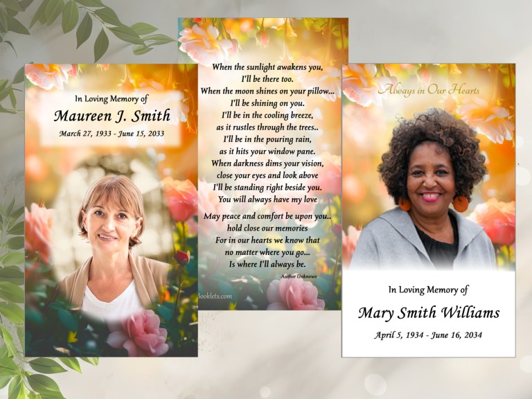 rose garden prayer cards with photo and name of deceased