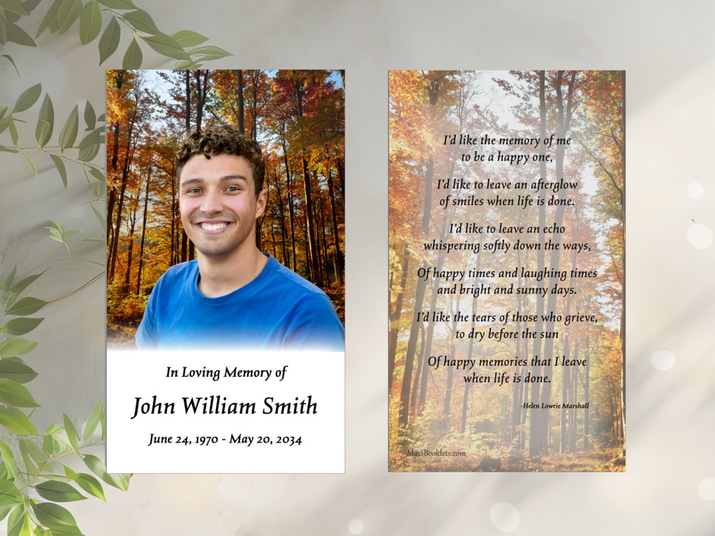 Fall trees in background with photo of young man, name and dates of birth and death