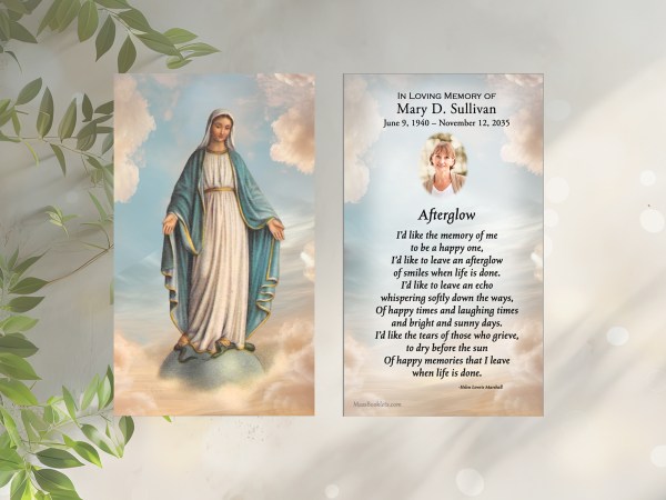 Blessed mother in clouds vintage image on front with name dates and verses on back