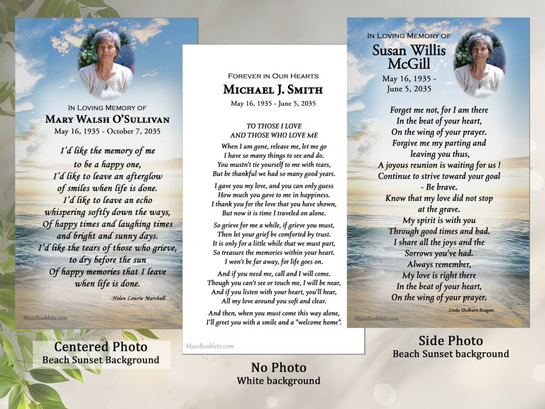back prayer card small photo followed by verse. Comparison of centered sm photo vs no photo vs photo to side