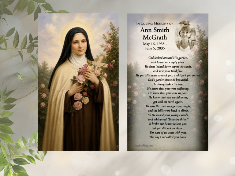 Image of Saint Therese in rose garden holding roses and crucifix