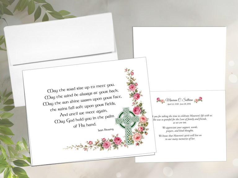 antique roses in right lower corner around green celtic cross with Irish Blessing centered above